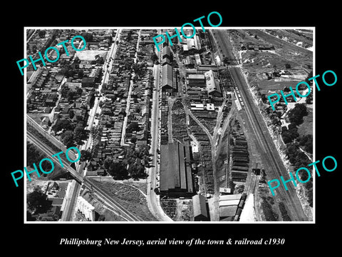 OLD LARGE HISTORIC PHOTO OF PHILLIPSBURG NEW JERSEY, AERIAL VIEW OF TOWN c1930