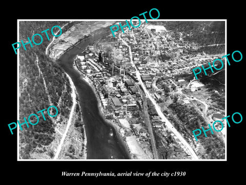 OLD LARGE HISTORIC PHOTO OF WARREN PENNSYLVANIA, AERIAL VIEW OF THE CITY c1930