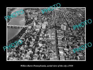 OLD LARGE HISTORIC PHOTO OF WILKES BARRE PENNSYLVANIA, AERIAL VIEW OF CITY c1930