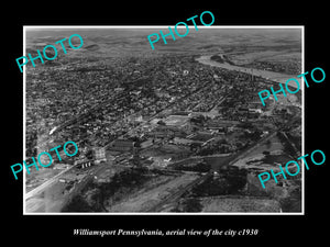 OLD LARGE HISTORIC PHOTO OF WILLIAMSPORT PENNSYLVANIA, AERIAL VIEW OF CITY c1930