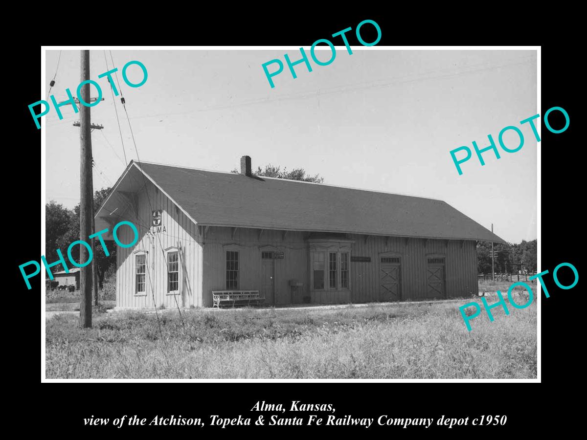 OLD LARGE HISTORIC PHOTO ALMA KANSAS, THE SANTA FE RAILROAD DEPOT c1950