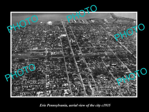 OLD LARGE HISTORIC PHOTO OF ERIE PENNSYLVANIA, AERIAL VIEW OF CITY c1935