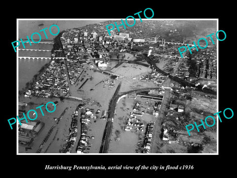 OLD LARGE HISTORIC PHOTO OF HARRISBURG PENNSYLVANIA, AERIAL VIEW OF FLOOD c1936