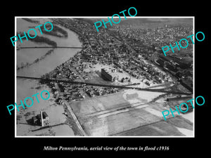 OLD LARGE HISTORIC PHOTO OF MILTON PENNSYLVANIA, AERIAL VIEW OF TOWN FLOOD c1936