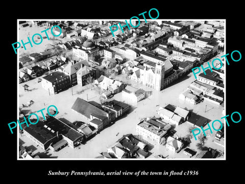 OLD LARGE HISTORIC PHOTO OF SUNBURY PENNSYLVANIA, AERIAL VIEW OF TOWN FLOOD 1936