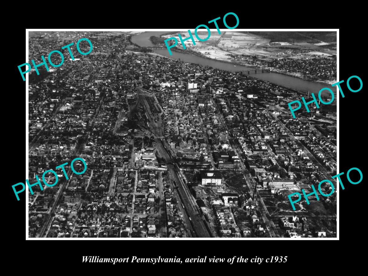 OLD LARGE HISTORIC PHOTO OF WILLIAMSPORT PENNSYLVANIA, AERIAL VIEW OF CITY c1935