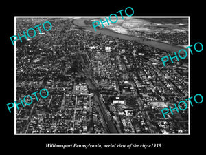 OLD LARGE HISTORIC PHOTO OF WILLIAMSPORT PENNSYLVANIA, AERIAL VIEW OF CITY c1935