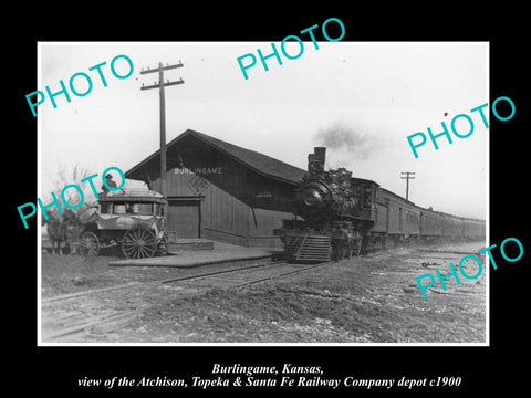 OLD LARGE HISTORIC PHOTO BURLINGAME KANSAS, THE SANTA FE RAILROAD DEPOT c1900