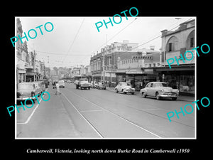 OLD LARGE HISTORIC PHOTO OF CAMBERWELL VICTORIA, VIEW OF BURKE RD & STORES c1950