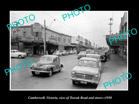 OLD LARGE HISTORIC PHOTO OF CAMBERWELL VICTORIA, VIEW OF TOORAK RD & STORES 1950