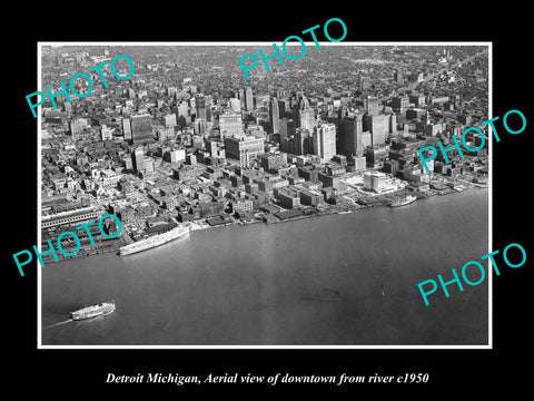 OLD LARGE HISTORIC PHOTO OF DETROIT MICHIGAN AERIAL VIEW OF CITY WATERFRONT 1950