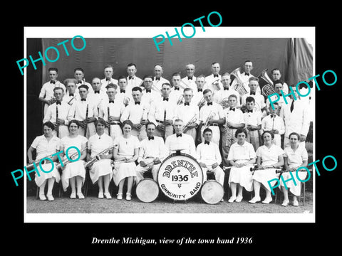 OLD LARGE HISTORIC PHOTO OF DRENTHE MICHIGAN, VIEW OF THE TOWN BAND c1936