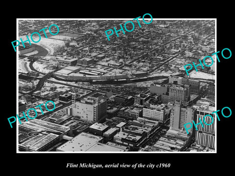 OLD LARGE HISTORIC PHOTO OF FLINT MICHIGAN, AERIAL VIEW OF THE CITY c1960 1