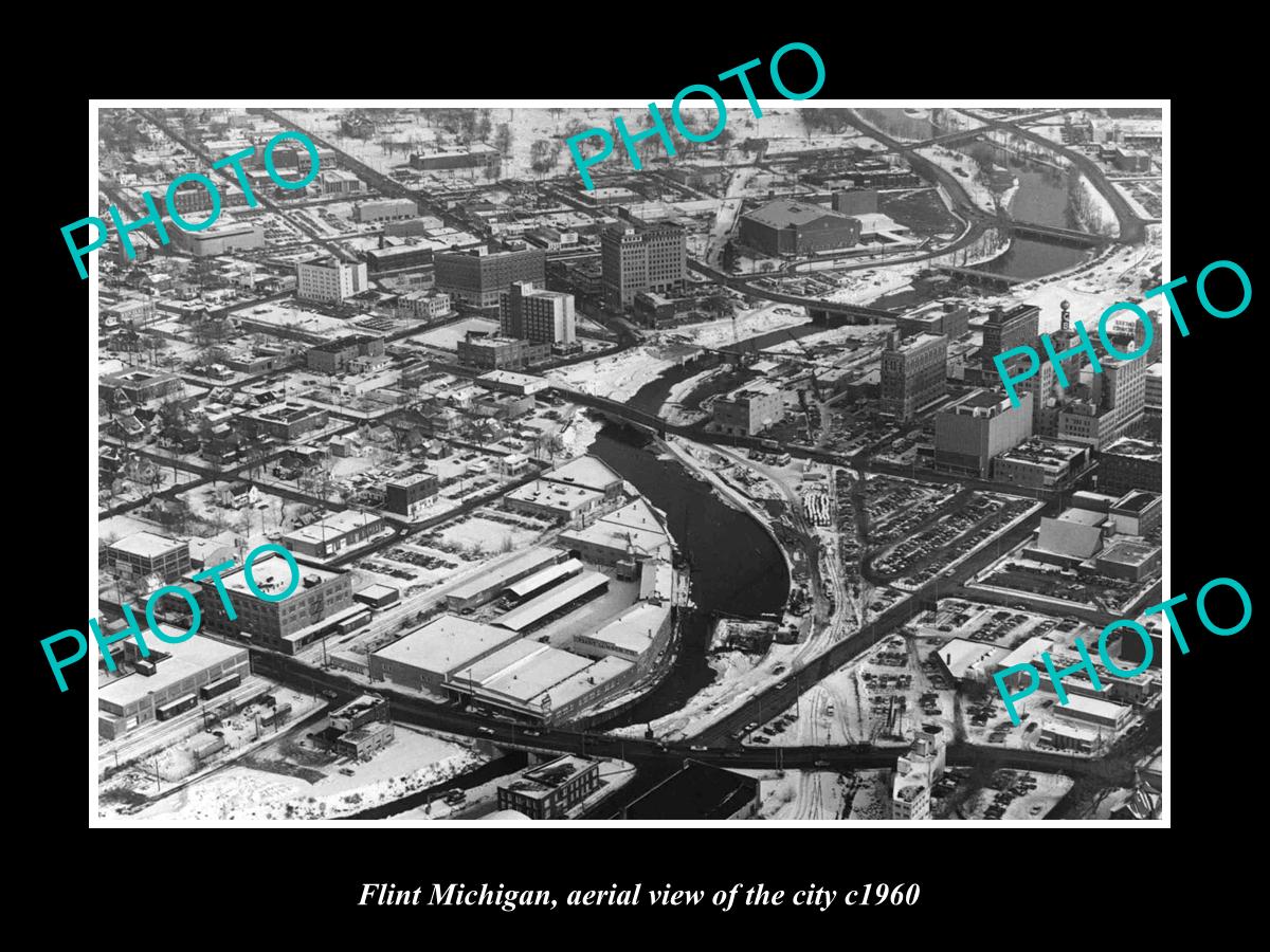 OLD LARGE HISTORIC PHOTO OF FLINT MICHIGAN, AERIAL VIEW OF THE CITY c1960 2