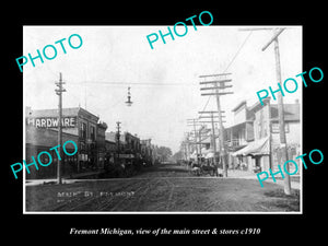 OLD LARGE HISTORIC PHOTO OF FREMONT MICHIGAN, THE MAIN STREET & STORES c1910