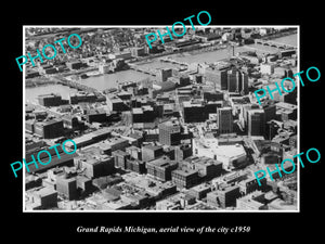 OLD LARGE HISTORIC PHOTO OF GRAND RAPIDS MICHIGAN, AERIAL VIEW OF CITY c1950