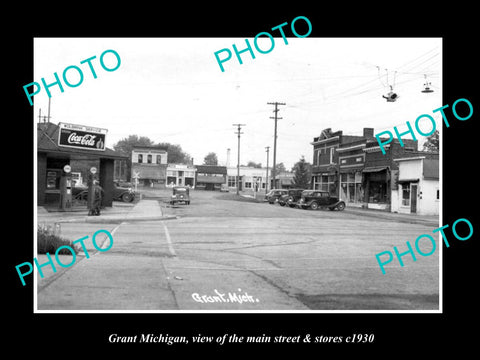 OLD LARGE HISTORIC PHOTO OF GRANT MICHIGAN, VIEW OF THE MAIN St & STORES c1930