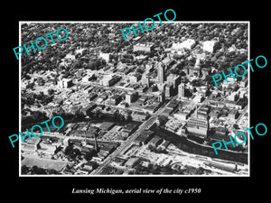 OLD LARGE HISTORIC PHOTO OF LANSING MICHIGAN, AERIAL VIEW OF THE CITY c1950