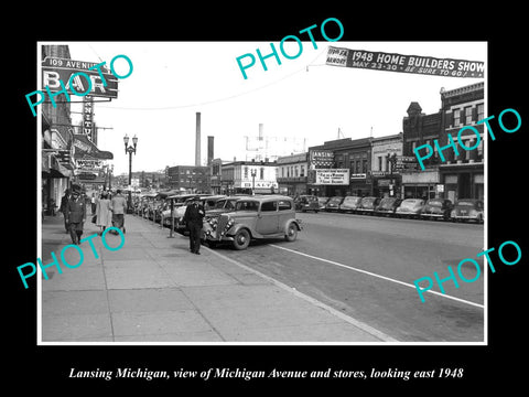 OLD LARGE HISTORIC PHOTO OF LANSING MICHIGAN, VIEW OF MICHIGAN Ave & STORES 1948