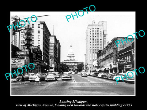 OLD LARGE HISTORIC PHOTO OF LANSING MICHIGAN, VIEW OF MICHIGAN AVE & STORES 1955