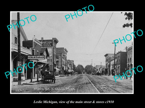 OLD LARGE HISTORIC PHOTO OF LESLIE MICHIGAN, VIEW OF THE MAIN St & STORES c1910