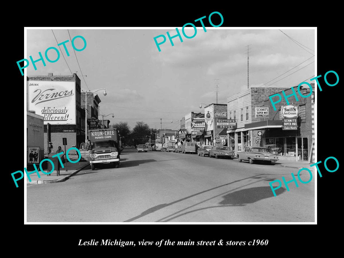 OLD LARGE HISTORIC PHOTO OF LESLIE MICHIGAN, VIEW OF THE MAIN St & STORES c1960