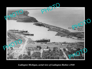 OLD LARGE HISTORIC PHOTO OF LUDINGTON MICHIGAN, AERIAL VIEW OF THE HARBOR 1940 1