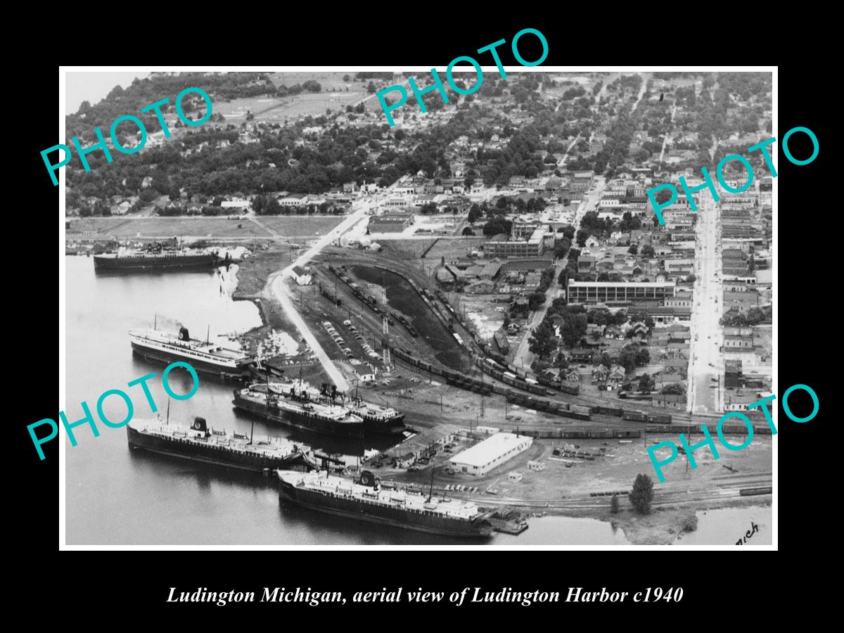 OLD LARGE HISTORIC PHOTO OF LUDINGTON MICHIGAN, AERIAL VIEW OF THE HARBOR 1940 2