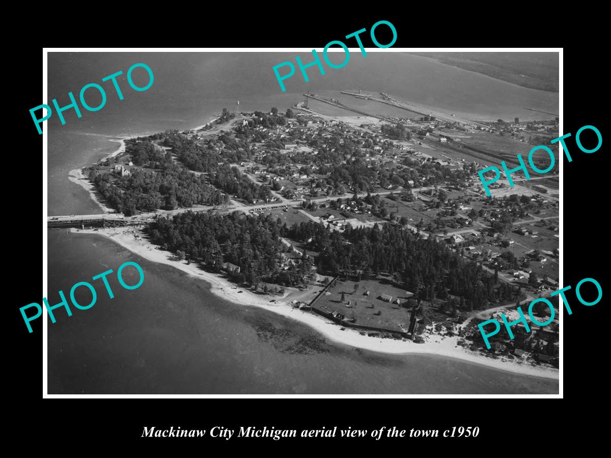 OLD LARGE HISTORIC PHOTO OF MACKINAW CITY MICHIGAN, AERIAL VIEW OF THE TOWN 1950