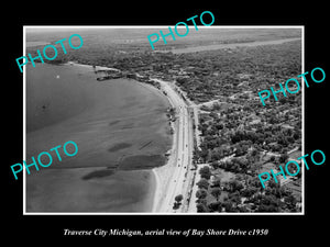 OLD LARGE HISTORIC PHOTO OF TRAVERSE CITY MICHIGAN, AERIAL VIEW OF THE TOWN 1950