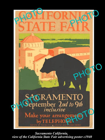 OLD LARGE HISTORIC PHOTO OF SACRAMENTO CALIFORNIA, THE STATE FAIR POSTER c1940 1