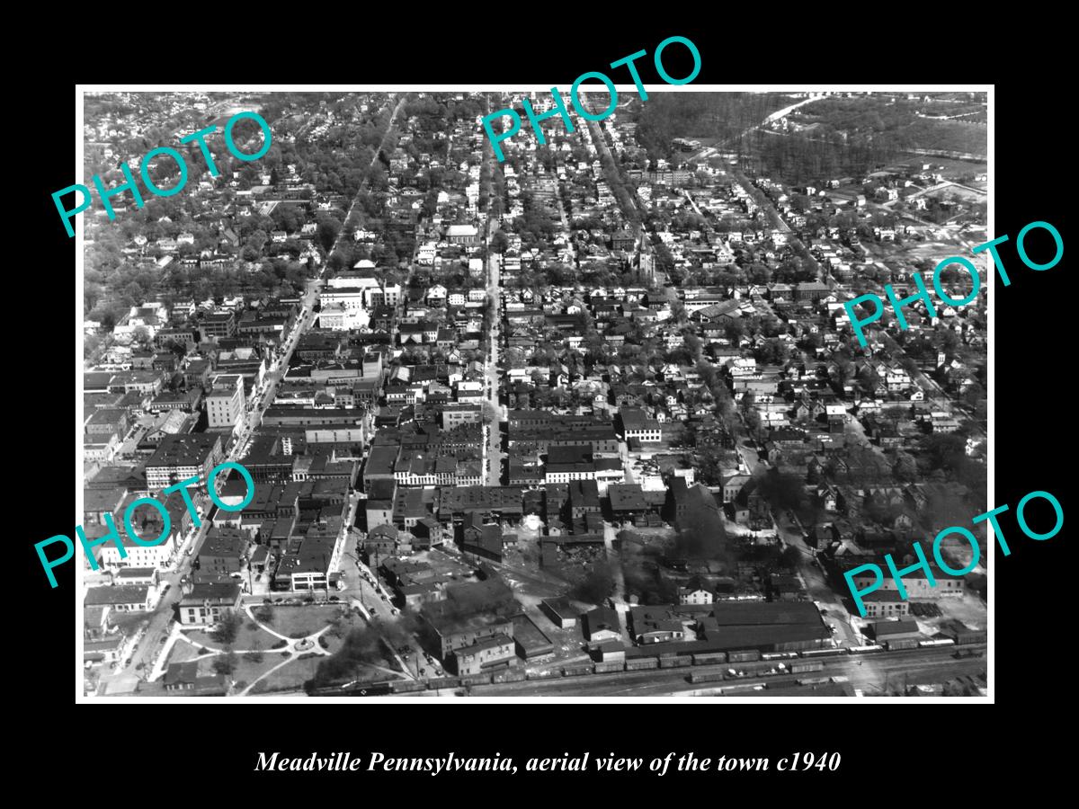 OLD LARGE HISTORIC PHOTO OF MEADVILLE PENNSYLVANIA, AERIAL VIEW OF TOWN c1940