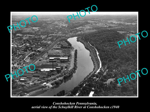 OLD LARGE HISTORIC PHOTO OF CONSHOHOCKEN PENNSYLVANIA, THE TOWN & RIVER c1940