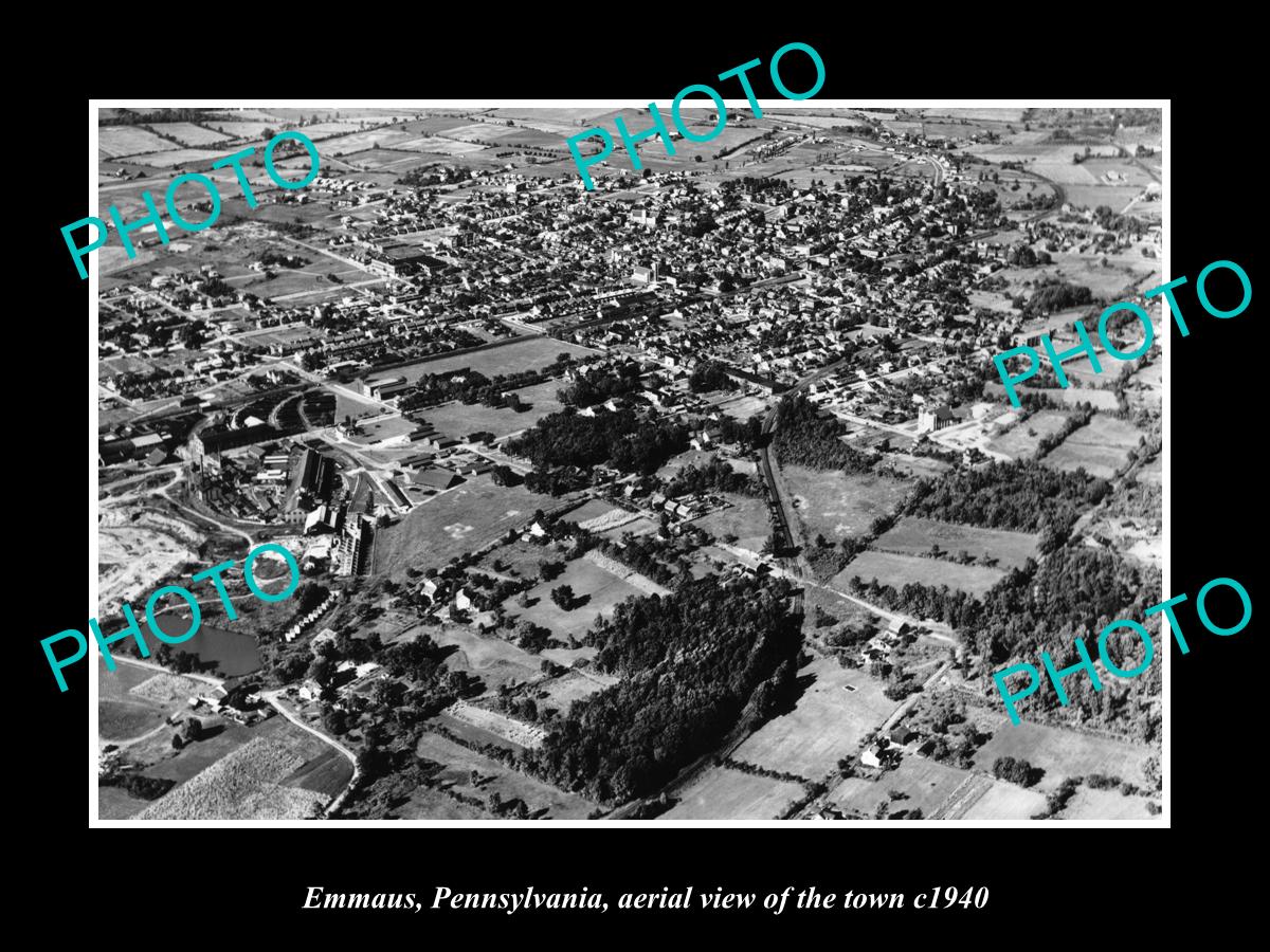 OLD LARGE HISTORIC PHOTO OF EMMAUS PENNSYLVANIA, AERIAL VIEW OF THE TOWN c1940