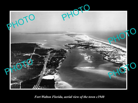 OLD LARGE HISTORIC PHOTO OF FORT WALTON FLORIDA, AERIAL VIEW OF THE TOWN c1940