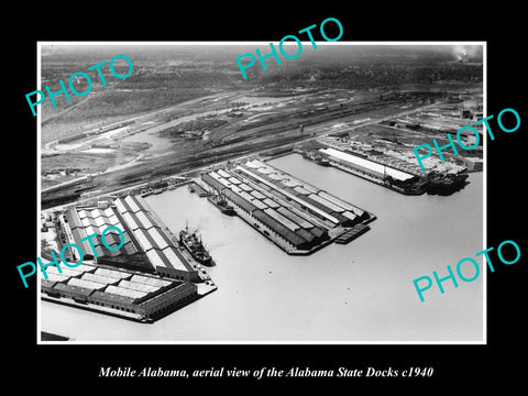 OLD LARGE HISTORIC PHOTO OF MOBILE ALABAMA, AERIAL VIEW OF STATE DOCKS c1940