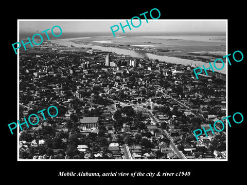 OLD LARGE HISTORIC PHOTO OF MOBILE ALABAMA, AERIAL VIEW OF CITY & RIVER c1940