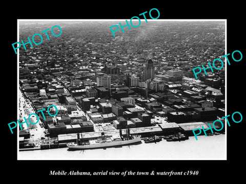 OLD LARGE HISTORIC PHOTO OF MOBILE ALABAMA, AERIAL VIEW OF CITY WATERFRONT c1940