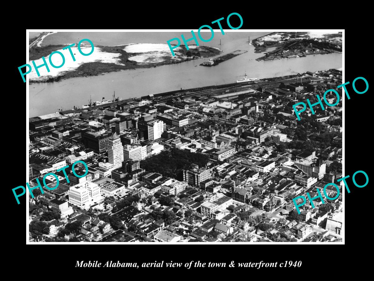 OLD LARGE HISTORIC PHOTO OF MOBILE ALABAMA, AERIAL VIEW CITY & WATERFRONT c1940