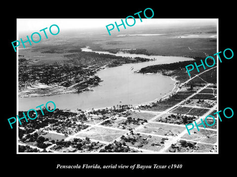 OLD LARGE HISTORIC PHOTO OF PENSACOLA FLORIDA, AERIAL VIEW OF BAYOU TEXAR c1940