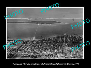 OLD LARGE HISTORIC PHOTO OF PENSACOLA FLORIDA, AERIAL VIEW TOWN & BEACH c1940