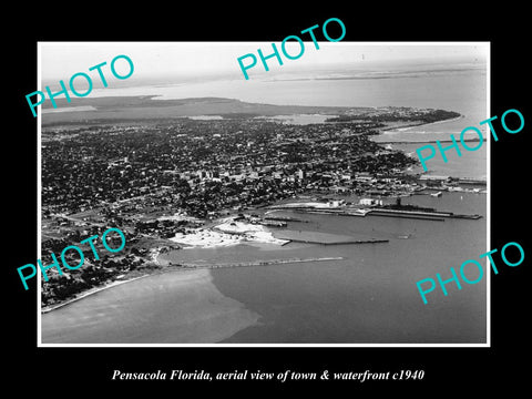 OLD LARGE HISTORIC PHOTO OF PENSACOLA FLORIDA, AERIAL VIEW OF WATERFRONT c1940