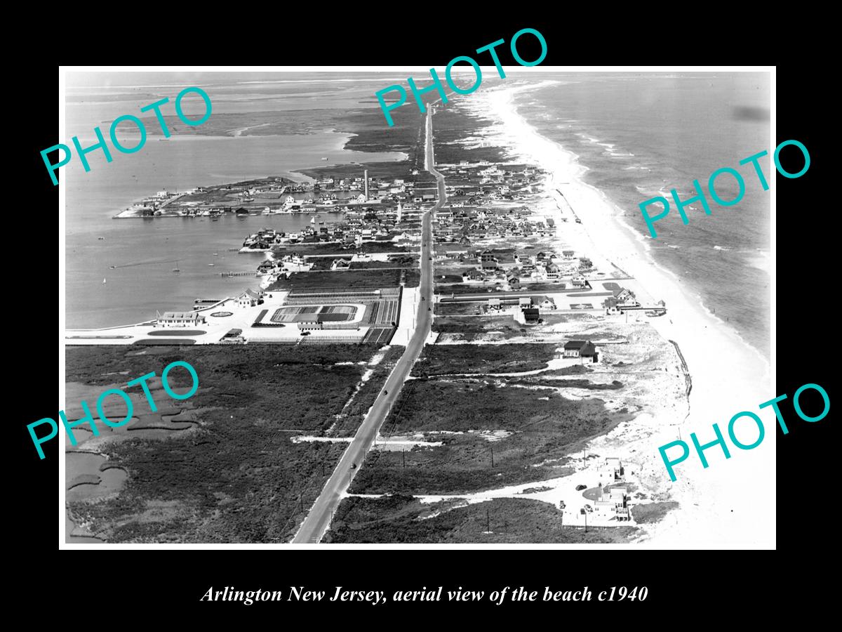 OLD LARGE HISTORIC PHOTO OF ARLINGTON NEW JERSEY, AERIAL VIEW OF THE BEACH c1940