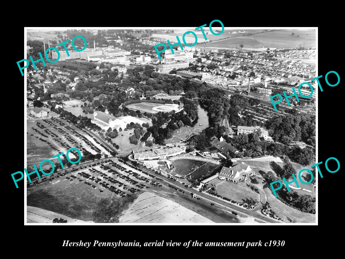 OLD LARGE HISTORIC PHOTO OF HERSHEY PENNSYLVANIA, AERIAL OF AMUSEMENT PARK c1930