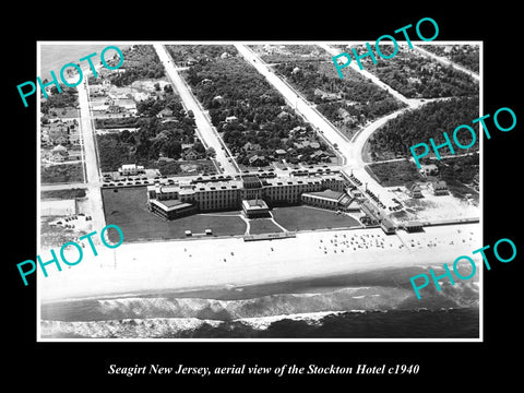 OLD HISTORIC PHOTO OF SEAGIRT NEW JERSEY, AERIAL VIEW OF STOCKTON HOTEL c1940