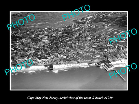 OLD LARGE HISTORIC PHOTO OF CAPE MAY NEW JERSEY, AERIAL VIEW OF THE TOWN c1940