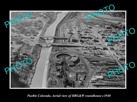 OLD LARGE HISTORIC PHOTO OF PUEBLO COLORADO, AERIAL VIEW OF RAIL ROUNDHOUSE 1940