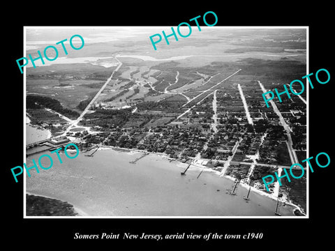 OLD LARGE HISTORIC PHOTO OF SOMERS POINT NEW JERSEY, AERIAL VIEW OF TOWN c1940