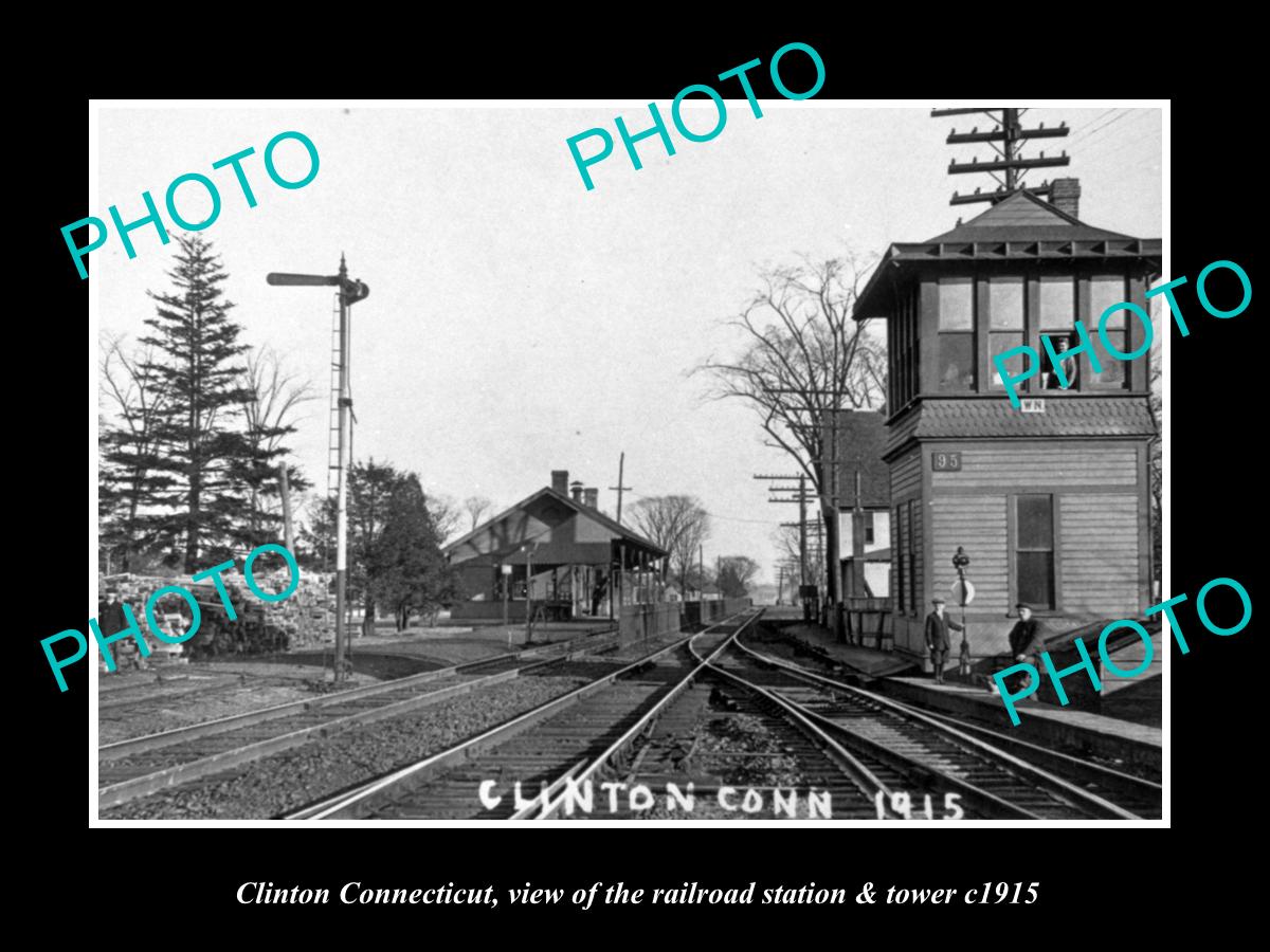 OLD LARGE HISTORIC PHOTO OF CLINTON CONNECTICUT, THE RAILROAD DEPOT & TOWER 1915