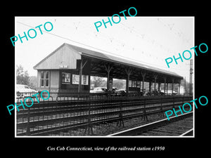 OLD LARGE HISTORIC PHOTO OF COS COB CONNECTICUT, THE RAILROAD DEPOT STATION 1950